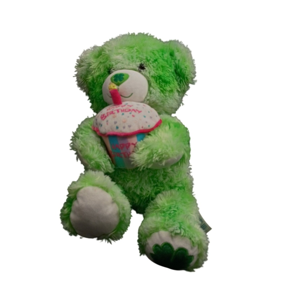 Build-A-Bear Green Shaggy Birthday Bear Plush with Cupcake Shamrock Feet Toy